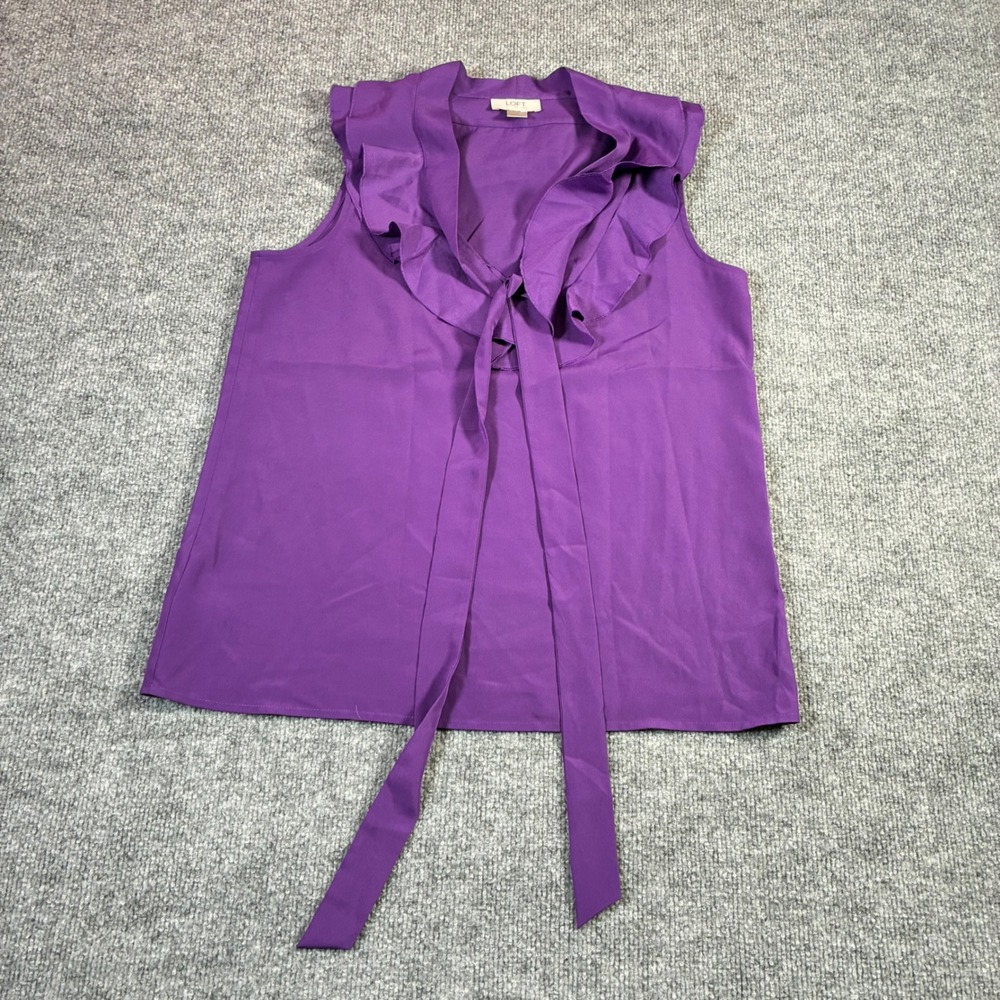 LOFT Ruffle Tie Neck Blouse‎ Womens Small Purple Excellent Sleeveless Shell